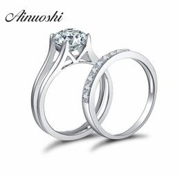 AINOUSHI 925 Sterling Silver 4 Prongs Engagement Bridal Ring Sets Sona Round Cut Wedding Anniversary Silver Bridal Ring Sets Y20017120761