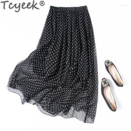 Skirts Mulberry Silk Skirt Elegant For Women Clothing Spring Summer Clothes 2024 Fashion Beach Black White Dot