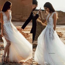 Sexy Romantic Beach Bohemian A-Line Wedding Dresses Cheap Sleevesless Deep V Neck Layered Train Zipper Back Bridal Gowns Custom Made 0430