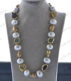 Z12456 22 White Egg Shell Pearl Baroque Citrine Amethyst Aquamarine Necklace 240428