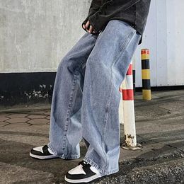 Korean Fashion Mens Baggy Jeans Elastic Waist Classic olid Colour Straight-leg Denim Wide-leg Pants Male Light Blue Grey Black 240426