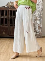 Women's Pants 2024 Spring Summer Casual Flax Wide Leg Ladies Simple Elastic Waist Embroidery Tassel Trousers All-Match White