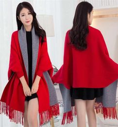 Women Winter Poncho with Sleeve Shawls and Wraps Pashmina Red Thicken Scarf Stoles Femme Hiver Warm Reversible Ponchos Capes 211223953206