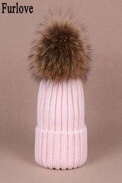 Furlove Real Raccoon Fur Womens winter Hat Genuine Fur Pompom Women Knitted Bobble Ski Hat Cap Winter Hats for women skullies1934493