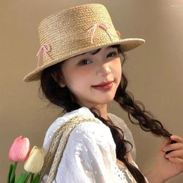 Wide Brim Hats Flat Top Bow Straw Hat Cute Pography Props Sun Summer Travel Weave Cap