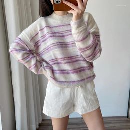 Women's Sweaters Woman Alpaca Wool Mohair Blend Striped Sweater Oversized Round Neck Long Sleeves Pullovers Soft High Quality Jumpers