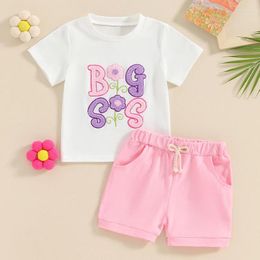 Clothing Sets CitgeeSummer Kids Girl Shorts Outfit Fuzzy Letter Floral Embroidery Short Sleeve Tops Solid Color Clothes