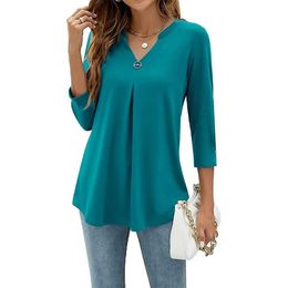 Women's Blouses Shirts 2024 Spring Autumn Women T-shirt V Neck 3/4 Slve Pin Decor Pleated Hem Solid Color Slim Fit Tunic T-shirt Tops Blouse Y240426