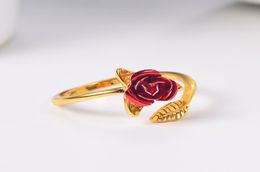 YOYO Red Rose Flower Leaves Resizable Finger Ring for Women Gold PlatedSilverRose Gold Valentine039s Day Gift Romantic Weddin7130712