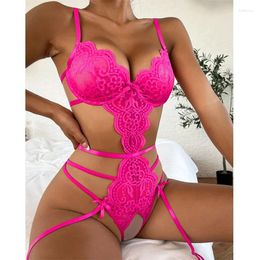 Bras Sets Lingerie Set Sexy Costume Female Crotchless Bodysuits Underwear Women Lace Sling Patchwork String Sheer Bra