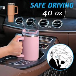 40oz Car Mug Travel Tumbler with Handle Straw Lid Insulated Cup Reusable Stainless Steel Leakproof Cold Coffee 240429