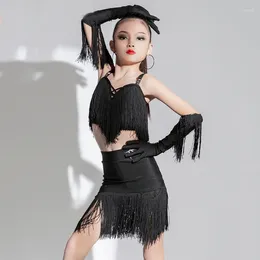 Stage Wear Kids Latin Dancing Performance Practice Dress Full Fringes Black Dance Costume Ballroom Competition Clothes SL8114