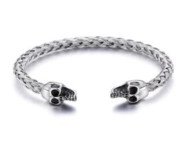 Silver Stainless Steel Cuff bangle Biker double skull head End Open Bracelet knot Wire chain4190140