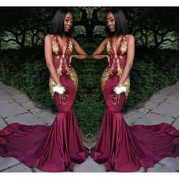 Grape Africa Deep Sexy Dresses V-Neck Sleeveless Prom With Gold Applique Mermaid Style Sweep Train Custom Made Formal Gowns