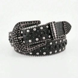 Belts Women Black Punk Pebbled Rhinestone Denim Rock Fashion Rivet-Studded Rhinestone Belt Jeans With Versatile Matching Belt