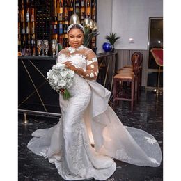 Aso Ebi Arabic Plus 2024 Size White Lace Beaded Wedding Dress Detachable Train Sheer Neck Bridal Gowns Dresses Es Es es