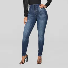Women's Jeans Pure-color Button High Waist Stretch Calf