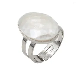 Cluster Rings Silver Plated Oval Shape White Shell Resizable Finger Ring For Party Gift Ethnic Style Jewellery