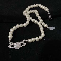 Sterling silver pearl saturn womens necklace designer jewlry accessory mini bas relief choker white crystals 16inch lenth chain vvs famous jelwelry luxury 105ess