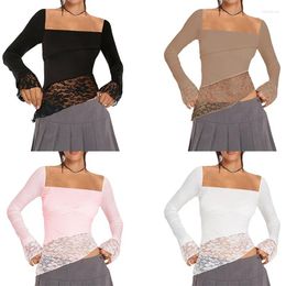 Women's T Shirts Y2k Vintage Lace Patchwork T-shirt Elegant Lady Long Sleeve Irregular Hem Square Neck Tees Chic Women Fairy Coquette Crop