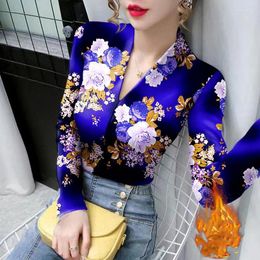 Women's Polos Pullover V-neck 2024 Spring And Autumn Patchwork Western-style Printed T-shirt Slim Fit Versatile Long Sleeved Tops