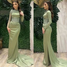 Meerjungfrau Hals Langarmes hoher Salbei Kleider Muslim Abendkleid Perlen Pine Satin Arabisch Dubai Formale Kleider für besondere OCN