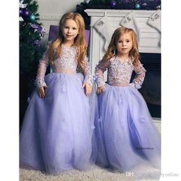 Lovely Lavender Flower Girl Dreses Wedding Sleeves Toddler Kids Pageant Gowns Appliqued Ruffles Long Party Birthday Dress For Teens 2024 0430