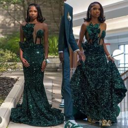 Mermaid Dress Sheer Green Forest Prom Black Neck Sequins Evening Elegant African Illusion Formal Dresses For Women es