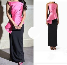 Elegant Long Black&Fuchsia Crepe Evening Dresses with Slit Sheath Sleeveless Pleated Ankle Length Zipper Back Prom Dresses for Women