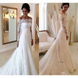 New Elegant Fall Winter Bateau Neck Wedding Dresses Mermaid Long Sleeve Full Lace Sweep Train Bridal Gown Custom Made Hot Sale 0430