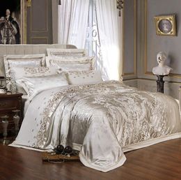 Sliver Gold Luxury Silk Satin Jacquard duvet cover bedding set queen king size Embroidery bed set bed sheetFitted sheet set T20011337794