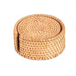 Table Mats Drink Coasters Set Dish Mat Easy Care Natural Golden Colour Placemat Rattan Weave Round Tableware