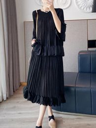 Work Dresses Miyake Pleated Long Sleeved Patchwork Shirt 2024 Fashion Designer Women's Half Skirt Two-piece Set Minimalist Clothing