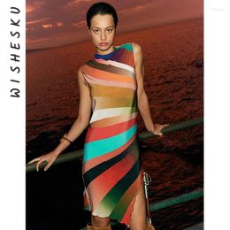 Casual Dresses Sexy Stripe Print Sleeveless Bodycon Mini Dress Women Drawstring Lace Up Side Slit Sundress 2024 Summer Beach Vacation