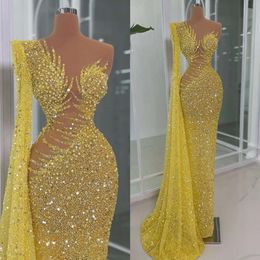 Pewnego wieczoru eleganckie syrenę na ramię żółte bajeczne cekiny formalne Ocns Prom Dress Illusion Sukienki w talii na specjalne Ocn Robe de Soiree
