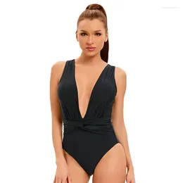 Women's Swimwear Black One-Piece Swimsuit Women V-neck Hollow Out Bikini Sexy Hiah Waist Backless Monokini Beachwear 2024 Summer