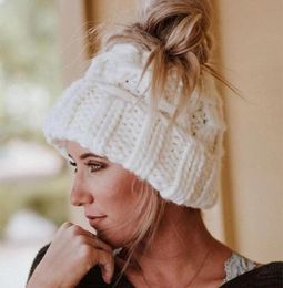 BeanieSkull Caps Women Winter Hand Knitting Messy Bun Hats For Girls Skull1093724