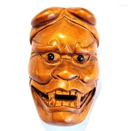 Decorative Figurines Y8652 - Stunning 2" Hand Carved Japanese Boxwood Netsuk Monster Mask Bead