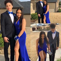 Royal Blue Sexy Mermaid Prom Dresses Long Deep V Neck High Side Split Billiga backless Sweep Train Formella aftonklänningar Vestidos de Noche 0430