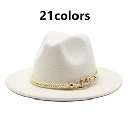 fedora hats women matel Rope chain band belt luxury Jazz Cap Wide Brim solid church elegant black white felted bucket cap hat wome4475351