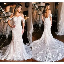 Wedding Mermaid Dresses Lace Romantic Spaghetti Straps D Appliques Sexy Open Back Bridal Gowns With Buttons Covered Plus Size Bc