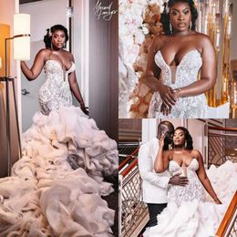 Applique Lace Gown Mermaid Bridal Dresses Wedding Beaded Illusion 2021 Sleeveless Chapel Train Custom Made Ruffles Bride Vestido De Novia
