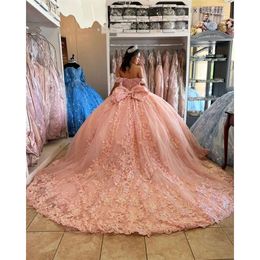 핑크 공주 공주 공주 Quinceanera 드레스 구슬로 된 유명인 파티 가운 아플리케 졸업장 bow vestido de s s