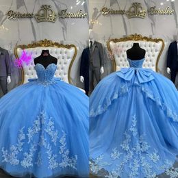 Princess Gown Sweetheart Blue Dresses Baby Ball Appliques Vestido De Quinceanera Tulle Sweet 15 Masquerade Dress With Bow Knot