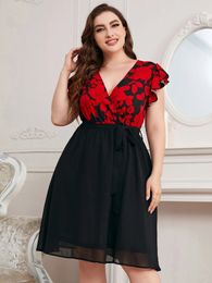 Plus Size Black Elegant Party Short Dresses For Women Clothing 2024 Summer Casual Print V Neck ALine Large Mini Dress 240422