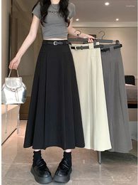 Skirts FIGOHR Women's Black Pleated Midi Skirt 2024 Spring Summer Elegant High Waist A-Line Full Solid Slim Skirt(free Belt Gift)