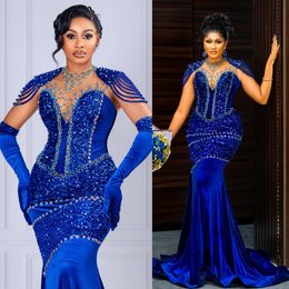 2024 Royal Blue Prom Dresses for Black Women Promdress Illusion Sheer Neck Sequined Lace Velvet Beading Tassel Beaded Birthday Dress Second Reception Gowns AM827