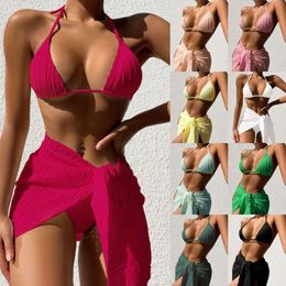 Women's Swimwear 2024 new swimsuit backless sexy solid color bikini mesh short skirt bikini three piece set