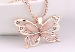 Fashion Women Rose Gold Opal Butterfly Charm Pendant Long Chain Necklace Jewellery Simple Choker Necklace Jewellery For Girls Gifts ps9203268