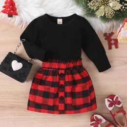 Clothing Sets Kids Baby Girls Fall Outfits Long Sleeve Crew Neck Rib Knit Tops Red Plaid Mini Skirts 2Pcs Christmas Party Clothes Girl